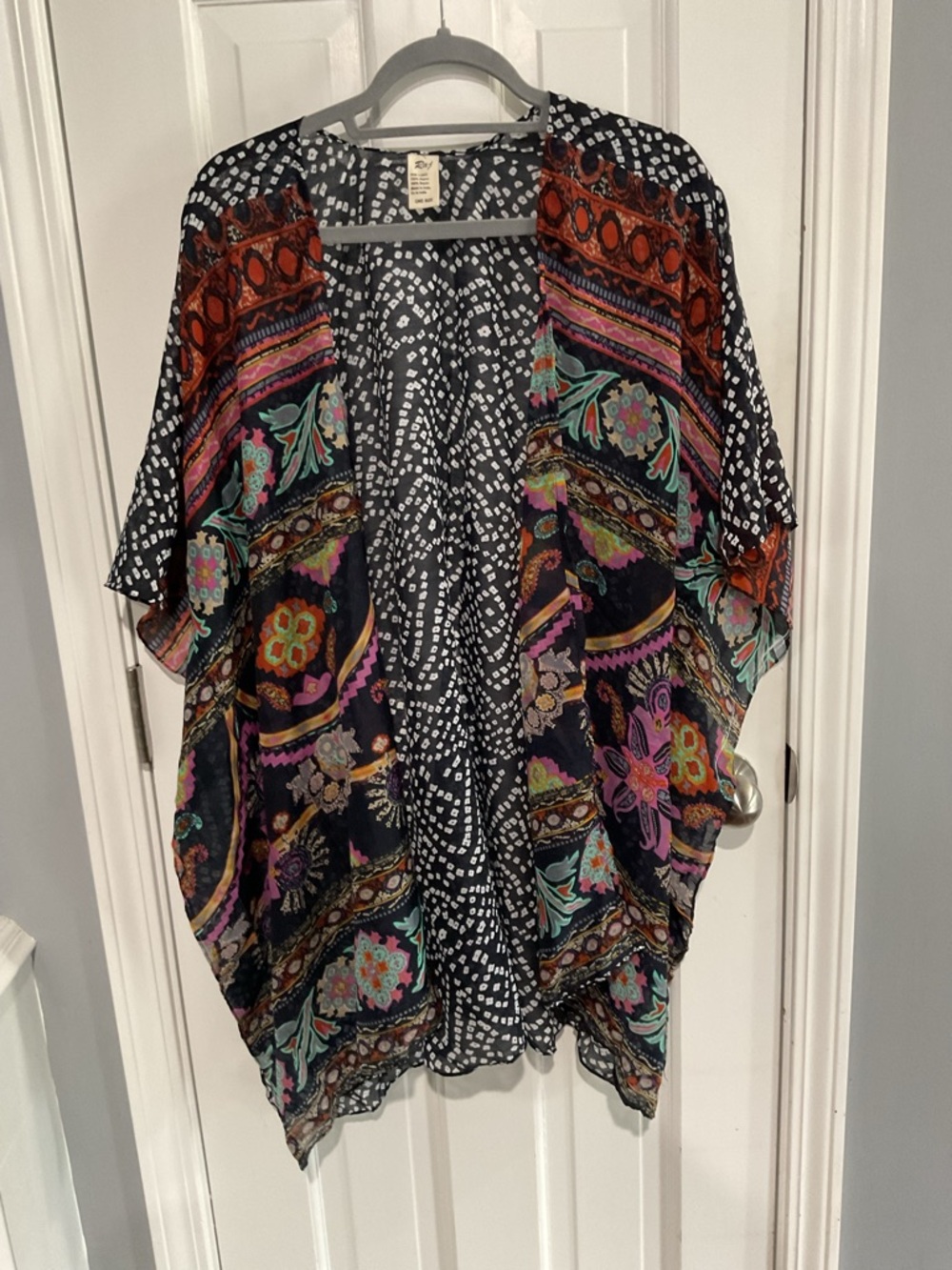 Like New Raj Black Open Kimono with Floral Front Black White Dot Back One-Size